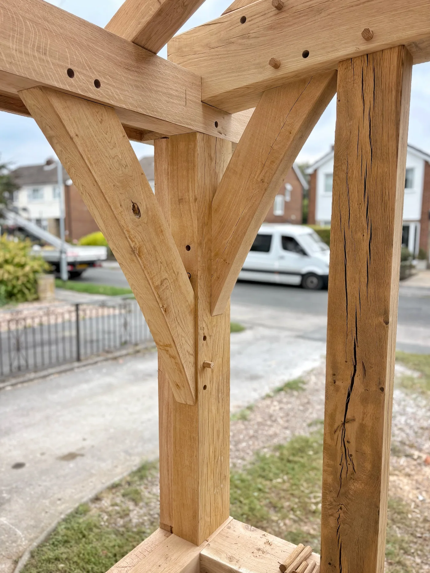 Close view of the grain and joints in a timber frame